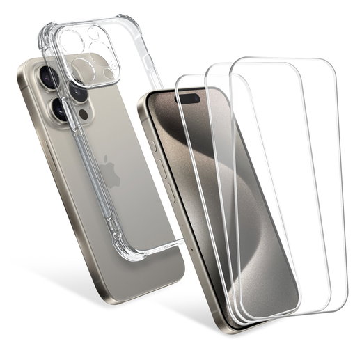 CELLONIC 1x iPhone 15 Pro Handyhülle & 3x Displayschutzfolie – 6,1 Zoll zum Schutz von Rückseite und Display, 0,33mm Ultradünnes 9H Hartglas – durchsichtige Handyhülle