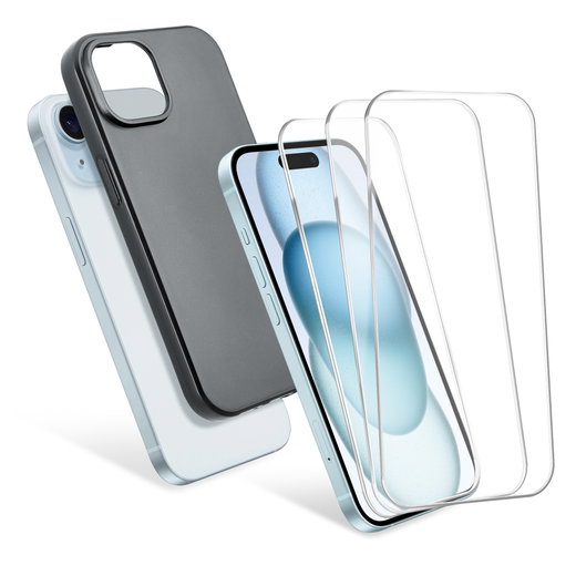 1x Guscio protettivo, cover CELLONIC per Apple iPhone 15 & 3x vetri di protezione screen protector (2.5D 9H 0,33mm Full Glue)