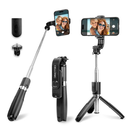 2-in-1 Bastone da selfie & cavalletto - asta telescopia lunga 1 metro per stabili selfie - treppiede estraibile con telecomando bluetooth per cellulari smartphone e fotocamere - Compatibile con iPhone Gopro telefoni Android  -Colore nero