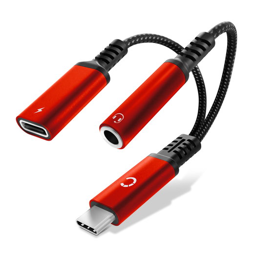 2-in-1 Audio-Adapter USB-C Klinke, 3,5 mm Aux-Splitter Audio und Ladeanschluss mit 60 W PD für iPhone, Samsung, Handy, Headset, Kopfhörer - Rot