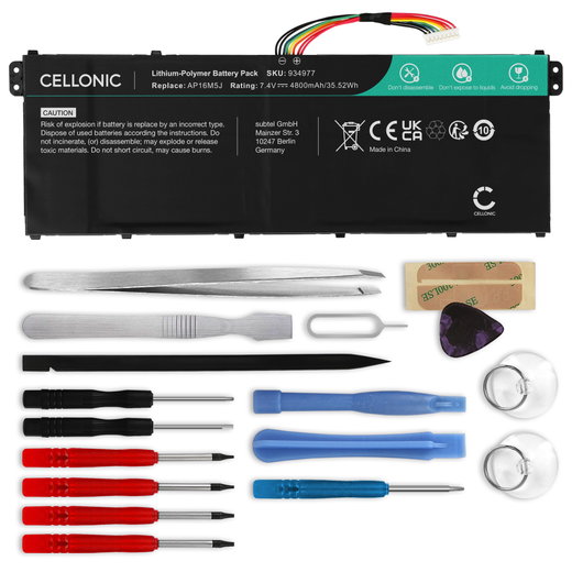 Battery for Acer Aspire 3 A314-21, A315-41, A315-42, A315-51, A315-53, A317-32, Aspire 1 A114-32, AP16M5J 7.4V 4800mAh + Tool-kit from CELLONIC