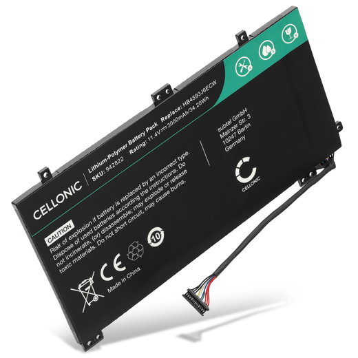 1x Batteri för Huawei Matebook 13, MateBook 13 2020, 13 i7, WRT-WX9, WRT-W19, WRT-W29, HN-W19L, HN-W19R, Huawei HB4593J6ECW, HB4593J6ECW-31 11.4V 3000mAh från CELLONIC