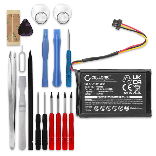 1x Akku für TomTom Go 510, Go 520, Go 500, GO 930, Go Basic 6, Go 520 WIFI, Via 62, 4FA50, AHA11110004, P5, P6 (1100mAh, 3.7V) + Werkzeug-Set 17tlg von CELLONIC