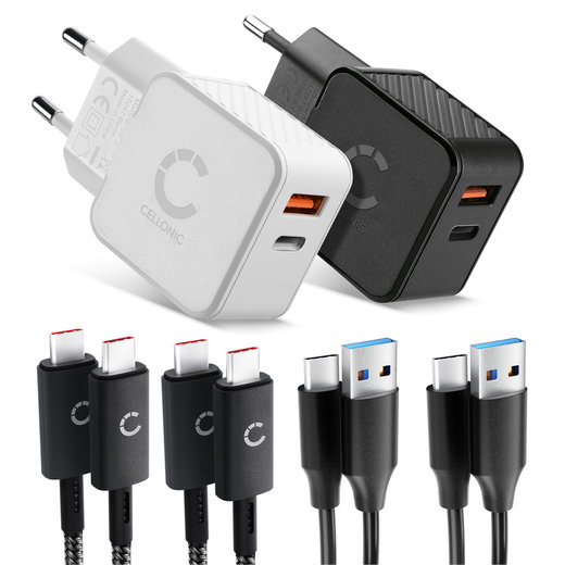 CELLONIC Set de Viaje – 2x Cargador Dual USB-C y USB + 4x Cable de Carga para Smartphone, Portátil, GPS, Tableta, Altavoces, Smartwatch y muchos más – 2x Cargador Rápido USB PD de 20W en Negro y Blanco