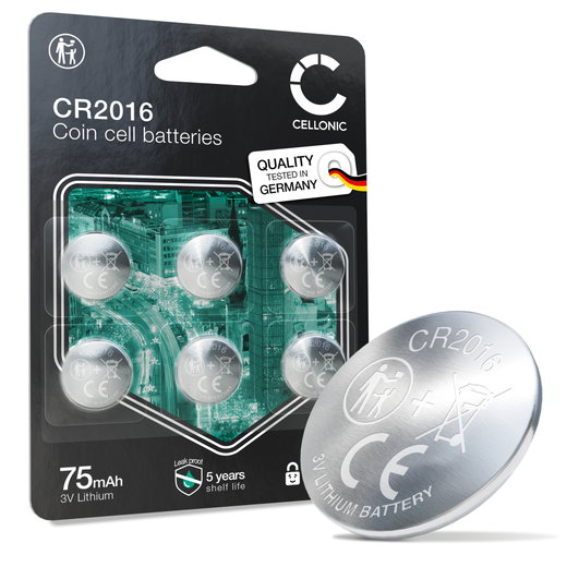 CELLONIC CR2016 Knopfzellen-Batterien (Lithium, 90 mAh, 3V) für Autoschlüssel, Taschenrechner, Uhren – x6-Pack