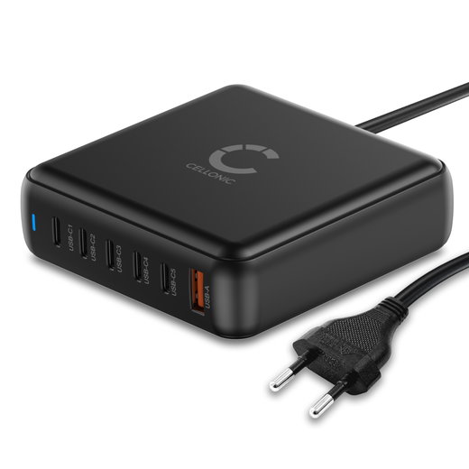 Cargador USB-C GaN de 200W con 6 Puertos – Estación de Carga Rápida PD QC 3.0 para Ordenadores Portátiles, Tablets y Smartphones de CELLONIC