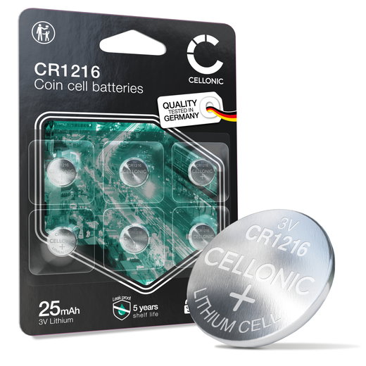 CELLONIC CR1216 Coin Cell Batteries (Lithium, 25mAh, 3V) for Wristwatches Car Keys Medical Devices - x6-Pack