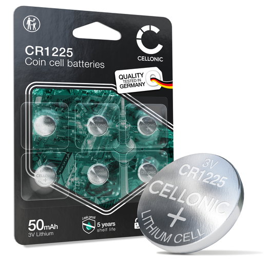 CELLONIC CR1225 Knopfzellen-Batterien (Lithium, 50mAh, 3V) für Autoschlüssel Fitnessgeräte Uhren – x6-Pack
