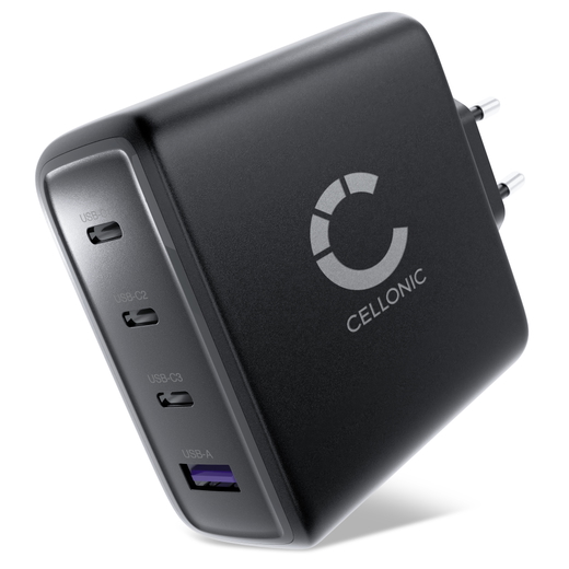 CELLONIC Cargador USB C 140W GaN – 4 Puertos (3x USB-C hasta 140W/100W/20W + 1x USB-A 18-22.5W) con Power Delivery, compatible con MacBook, iPhone, iPad, Samsung Galaxy – compacto y para viajar