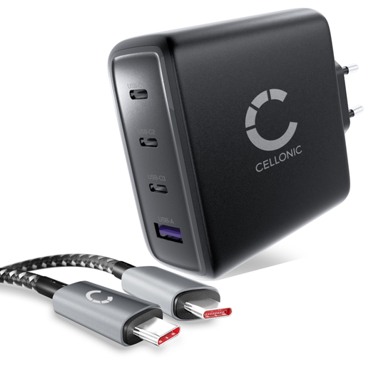 CELLONIC Cargador USB C 140W GaN – 4 Puertos (3x USB-C hasta 140W/100W/20W + 1x USB-A 18-22.5W) con Power Delivery, compatible con MacBook, iPhone, iPad, Samsung Galaxy – compacto y para viajar